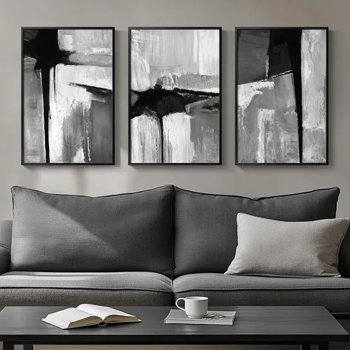 Miniatura 27 de Arte abstracto neutro en blanco y negro para sala de estar, 3 cuadros de impresiones en lienzo, para paredes, imágenes geométricas minimalistas