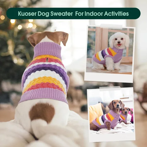 Miniatura 6 de Kuoser Suéter grande para perro, suéteres de punto de cuello alto para perros grandes, rayas coloridas, chaleco de punto para mascotas, ropa cálida