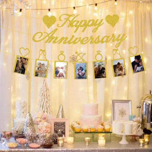 Miniatura 4 de Decoraciones de fiesta de feliz aniversario, pancarta y pancarta de fotos para decoración de fiesta de boda