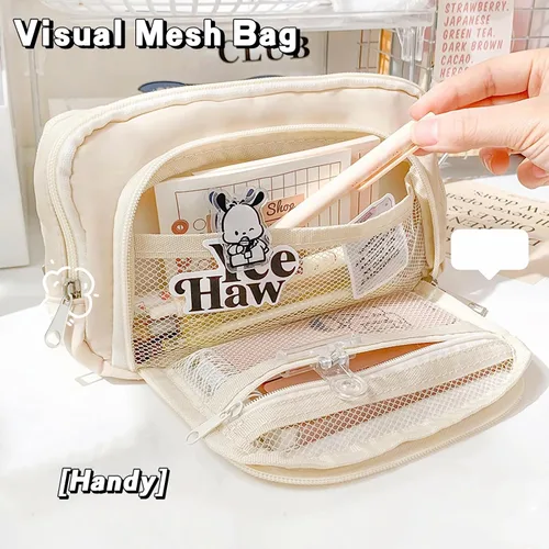 Miniatura 4 de LSLSHY Estuche grande de tres capas con cremallera para lápices, suministros de papelería para adolescentes, niñas, niños y estudiantes (beige)