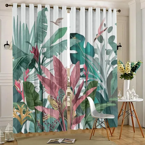 Miniatura 5 de Cortinas abstractas de hojas tropicales, acuarela tropical, hojas de palma, verano hawaiano, plátano, aislamiento térmico, cortinas completas