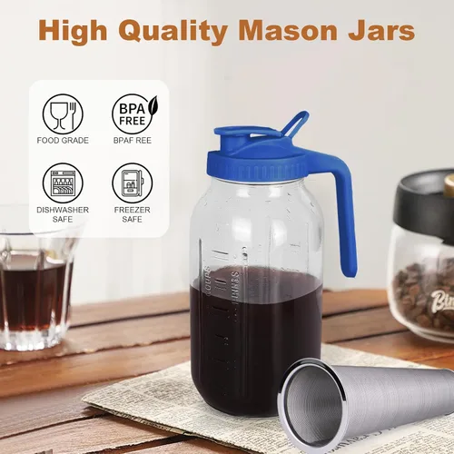 Miniatura 3 de Cafetera de café frío, jarra de frasco Mason de 64 onzas con filtro de acero inoxidable, tapa con asa y pico vertedor, vidrio resistente hermético