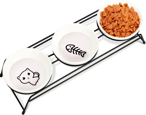 Miniatura 10 de Cuencos elevados antivómitos para gatos, 2 cuencos de cerámica para alimentos y agua para gatos de 13 onzas con soporte de acero inoxidable blanco