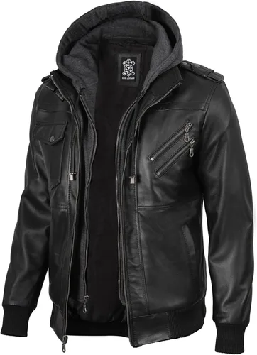 Blingsoul Chaqueta de cuero para hombre Chaquetas de cuero negras con capucha desmontable para hombres