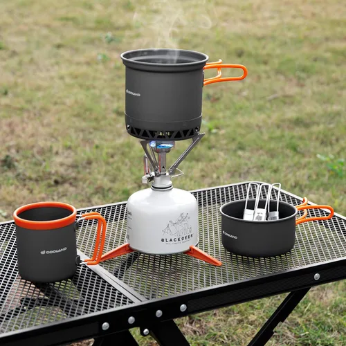 Miniatura 8 de Odoland Juego de ollas de camping con intercambiador de calor, juego de cocina con estufa de camping portátil, kit de comida de camping, incluye