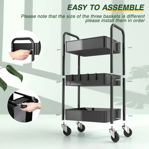 Miniatura 7 de LEHOM Carrito rodante de 3 niveles, carrito utilitario de metal con ruedas y ganchos bloqueables, organizador multifuncional de almacenamiento