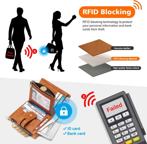 Miniatura 3 de Cartera con cadena, monedero de cuero genuino con bloqueo RFID, doble cremallera, bolsillo para monedas con cadena antirrobo, carteras de cadena a