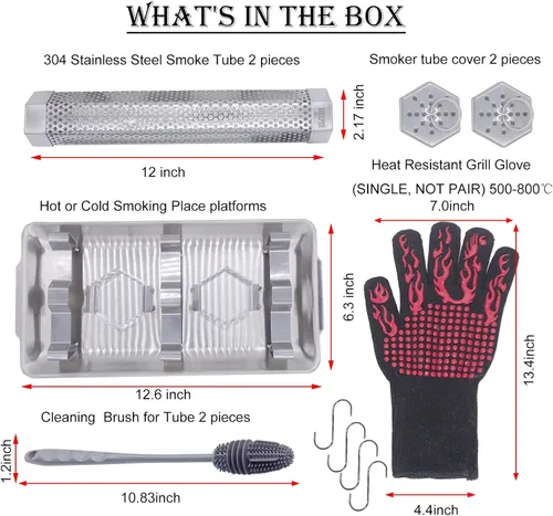 Miniatura 2 de Paquete de 2 tubos de ahumador de pellets de 12 pulgadas, tubo de humo para ahumador de pellets con una bandeja de acero inoxidable, 5 horas de humo
