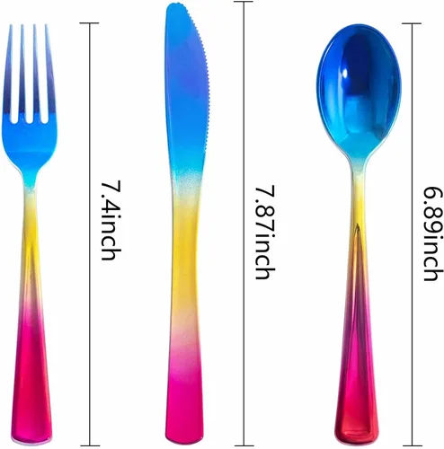 Miniatura 9 de Enjoylife - 120 cubiertos plásticos, cubiertos plásticos de arcoiris, dorado y azul (arcoiris)