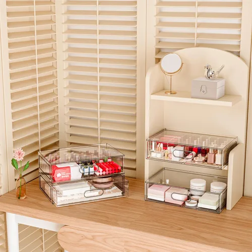 Miniatura 2 de Paquete de 2 cajones transparentes de almacenamiento de maquillaje, organizadores de baño apilables de 12 pulgadas de ancho y cajón