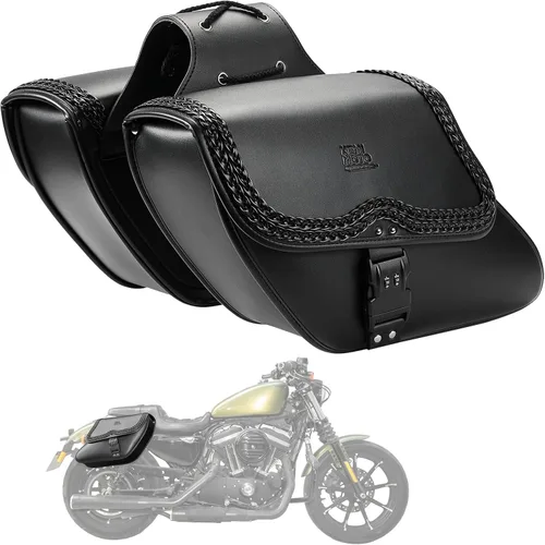 KEMIMOTO Alforjas para motocicleta, bolsa lateral de cuero sintético con cerradura, 28L, bolsas inclinadas con doble correa impermeable y tachuelas