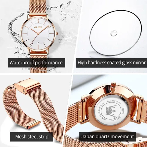 Miniatura 3 de OLEVS Reloj de regalo para mujer con pulsera de oro rosa para mujer minimalista simple delgado casual analógico de cuarzo impermeable dos tonos