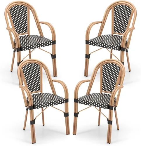 Miniatura 13 de Tangkula Juego de 2 sillas de bistró francesas para exteriores, sillas de mimbre de polietileno tejidas a mano con reposabrazos, sillones de comedor
