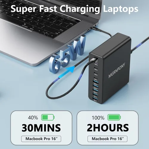 Miniatura 3 de Bloque de Cargador USB C de 320W, Estación de Carga de 10 Puertos USB C GaN III PD 65W Adaptador de Carga Rápida para Laptop para MacBook Pro/Air