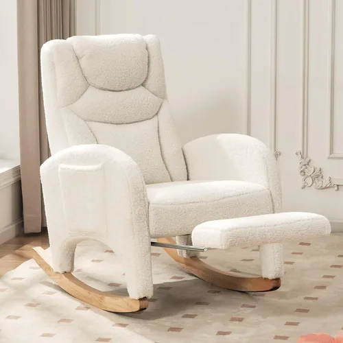 FOXHUNTER Mecedora para guardería, moderna silla deslizante con reposapiés ajustable y patas de madera maciza, respaldo alto, silla de guardería con