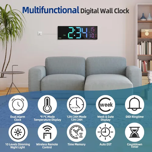 Miniatura 6 de LEIKE Reloj de pared digital grande de 16.2 pulgadas con control remoto, LED grande, alarma dual, 8 colores RGB, brillo automático, fecha, DST Negro