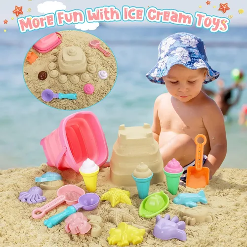 Miniatura 4 de REZUCREY Juguetes de playa, juguetes de arena de helado para niños pequeños, con cubo plegable y palas para niños con bolsa, juguetes de viaje