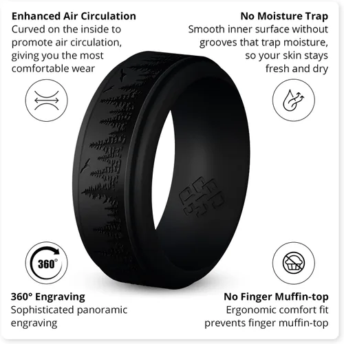 Miniatura 33 de Knot Theory Anillo de silicona para hombre, grabado de montaña, ondas, bosque, ancho de banda de 0.315 pulgadas, transpirable, ajuste cómodo