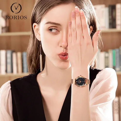 Miniatura 2 de RORIOS Reloj de pulsera simple para mujer, con esfera de cielo estrellado, hebilla de banda de malla, fácil de usar con diamantes simulados, reloj