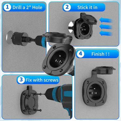Miniatura 6 de BEBOBLY Enchufe de puerto de CA de 15 amperios, enchufe de entrada de alimentación de 125 V con cubierta impermeable y cable de extensión dual