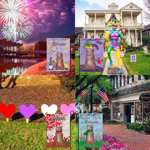 Miniatura 2 de utrwooy Juego de 12 banderas de jardín de temporada para todas las estaciones, verticículo de arpillera, bandera de gato, 12 x 18 pulgadas