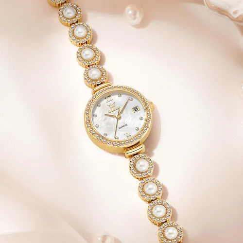 Miniatura 7 de OLEVS Reloj de pulsera analógico de lujo con cara pequeña para mujer, delicado e impermeable con perlas y diamantes, reloj para mujer con fecha