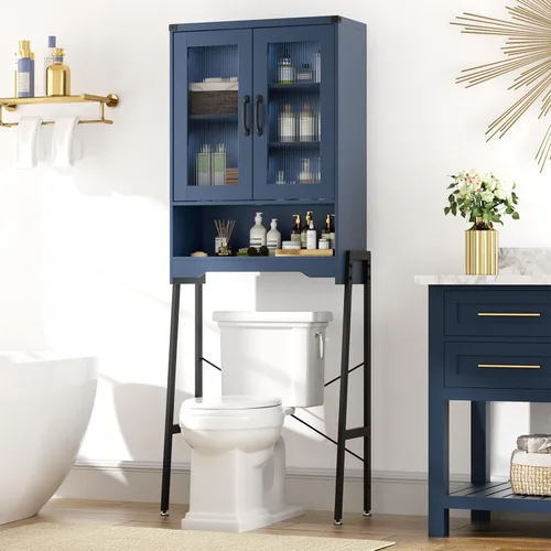 Miniatura 10 de Gabinete de almacenamiento sobre el inodoro con puertas estilo granja y estante ajustable, organizador de baño alto con soporte de metal que ahorra