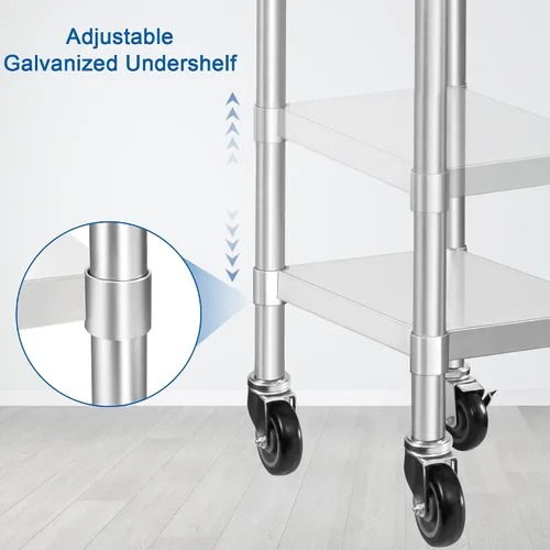 Miniatura 5 de HARDURA Mesa comercial de acero inoxidable para preparación y trabajo con ruedas, mesa de metal resistente con ruedas, NSF 430, 14 x 30 pulgadas