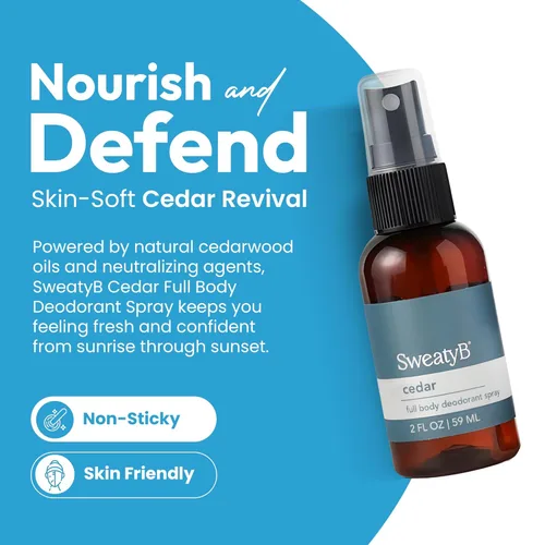 Miniatura 3 de SweatyB® Spray desodorante de cuerpo completo, no irritante, sensible a la piel, para mujeres y hombres, fabricado en Estados Unidos, cedro, 2