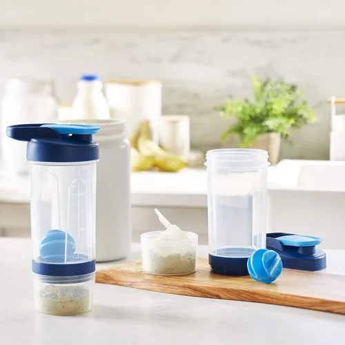 Miniatura 5 de Amazon Basics Botella mezcladora de proteínas con bola mezcladora, tazas para batidos, 20 onzas, paquete de 2, azul, 4.6 x 3.5 x 9.1 in