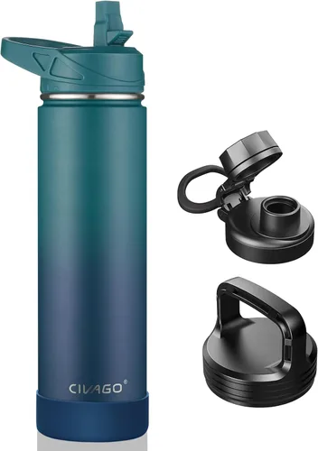 Miniatura 28 de CIVAGO Botella de agua aislada de 22 onzas con pajita, frasco de agua deportiva de acero inoxidable con 3 tapas