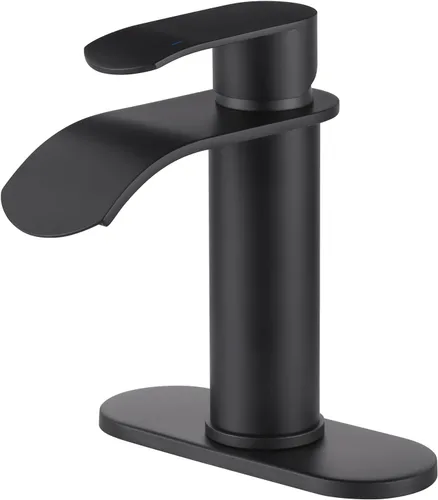WOWOW Grifo de Baño en Cascada Negro Mate: Grifo de Lavabo de Baño para 1 Agujero o 3 Agujeros, Grifo de Tocador de Una Sola Manija con Desagüe