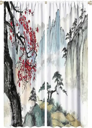 Miniatura 33 de Cortina japonesa con diseño de cerezo en flor, montañas, río, nubes, pinos, paisaje, naturaleza, asiático, anime, oscurecimiento de habitación