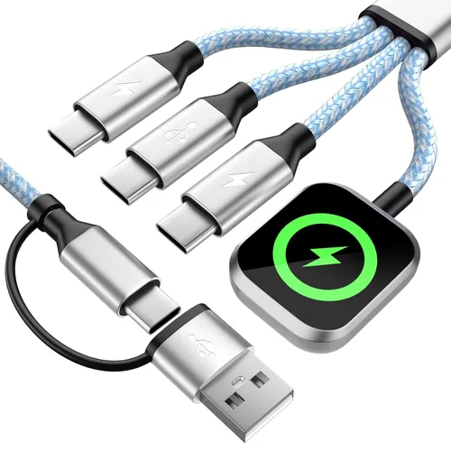 Miniatura 20 de Cable de Carga Múltiple para Cargador de Apple Watch, 4 en 1 Cable Cargador de Teléfono USB A/C con Doble Tipo-C/IP, Cable Magnético iWatch de Nylon