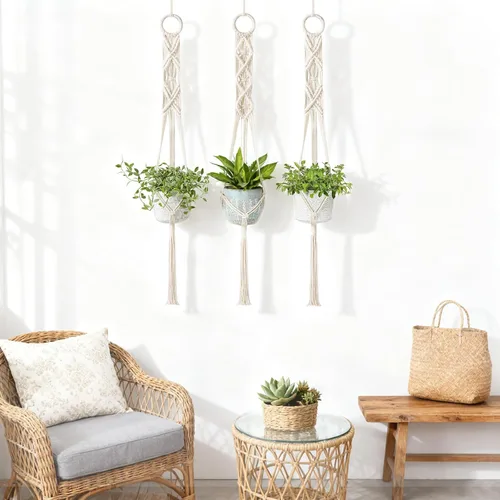 Miniatura 3 de Mkono Paquete de 3 perchas de macramé de 39 pulgadas para colgar en la pared de interiores, cesta para macetas, soporte para macetas, decoración