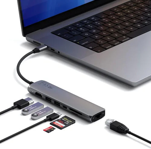 Miniatura 10 de Satechi Adaptador multipuerto USB C 7 en 1 con Ethernet, HDMI 4K a 60Hz, carga PD de 100 W, 2 puertos de datos USB-A, lectores de tarjetas Micro/SD
