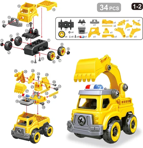 Miniatura 6 de Juguetes de coches 4 en 1 para desarmar para niños, vehículo de juguete de camión de construcción de ingeniería DIY - camión volquete, mezcladora