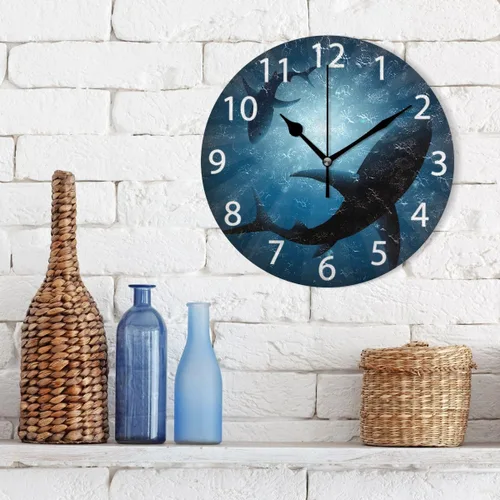 Miniatura 3 de senya Reloj de pared redondo de tiburones bajo el agua, pintura al óleo silenciosa sin tictac, decorativo para el hogar, oficina, escuela, reloj
