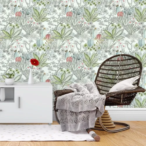 Miniatura 9 de Wudnaye Papel tapiz bohemio para despegar y pegar, papel tapiz Catus de 17.7 x 118.1 pulgadas, papel tapiz floral vintage para despegar y pegar