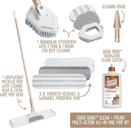 Miniatura 2 de Quick Shine Ultimate Gold Clean + Polish Mop Kit Kit de 10 piezas todo en uno con accesorios intercambiables Pulidor de piso incluido No