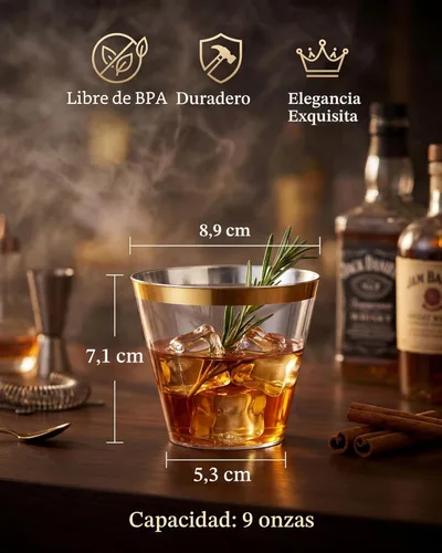 Miniatura 2 de Nervure 240 vasos de plástico dorados – Vasos de plástico con borde dorado de 9 onzas – Taza transparente desechable resistente con borde dorado
