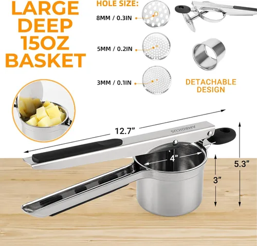Miniatura 5 de Prensador de Papas de 15oz, Prensador de Papas de Acero Inoxidable Resistente con 3 Discos Intercambiables, Prensador y Herramienta de Cocina Grande