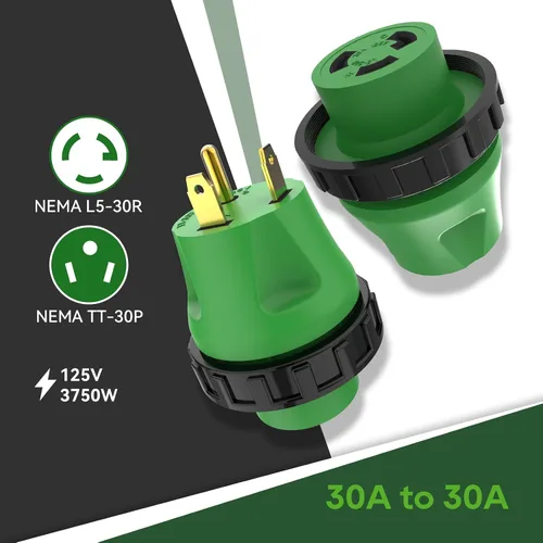 Miniatura 3 de RVGUARD Adaptador RV de 30 amperios a 30 amperios con conector de bloqueo, adaptador de corriente eléctrica NEMA TT-30P a NEMA L5-30R, verde