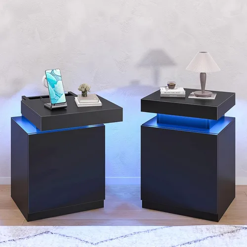 Miniatura 11 de oneinmil Juego de 2 mesitas de noche con luces LED, mesita de noche con armario de almacenamiento para dormitorio, mesita de noche con LED