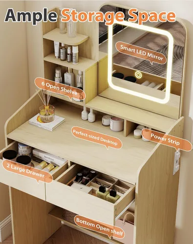 Miniatura 3 de Escritorio pequeño de maquillaje para niñas con espejo iluminado, tocador de 26.5 pulgadas de ancho con 2 cajones y toma de corriente, 3 modos