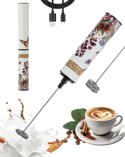 Miniatura 11 de INFOOD Espumador de leche recargable con tapa, varita espumadora de café, mezclador de bebidas de mano con 2 batidores desmontables de acero