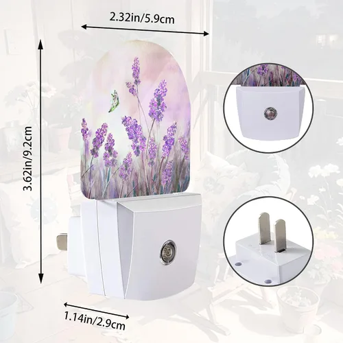 Miniatura 2 de Luz nocturna de mariposa con flores de lavanda, luces nocturnas enchufables a la pared con sensor de atardecer a amanecer, lámpara para dormitorio
