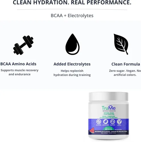 Miniatura 4 de TruMe - Polvo natural BCAA con electrolitos - Suplemento vegano después del entrenamiento - Sandía agria - Polvo de electrolitos potente sin azúcar