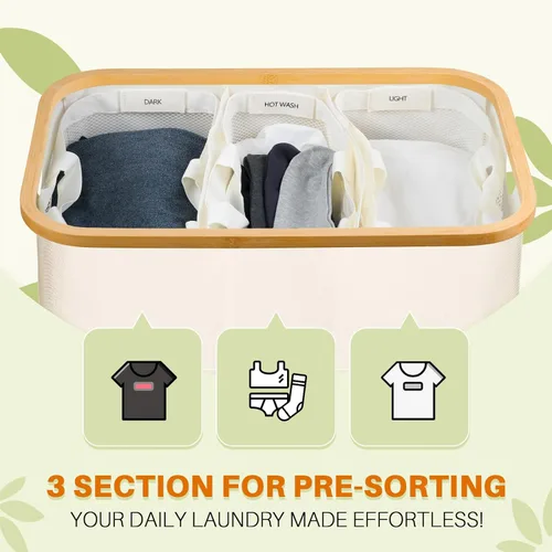 Miniatura 3 de Cesto para ropa sucia de 3 secciones, 145L cesto para ropa sucia con tapa, organizador de cesta de lavandería extragrande con bolsas interiores Beige