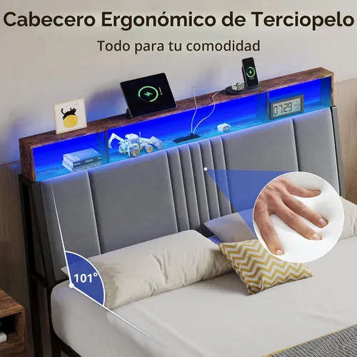 Miniatura 3 de BedsPick Base de cama tamaño completo con cabecera ergonómica, plataforma de metal tapizada tamaño completo con almacenamiento de 2 niveles